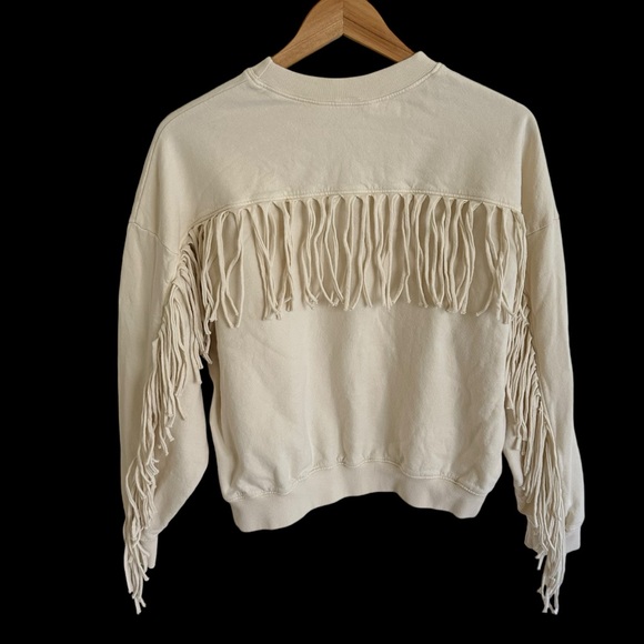Clare V Medium Cream Le Drop Fringe Sweatshirt Top Western Cropped Cotton Anthro - Picture 4 of 7